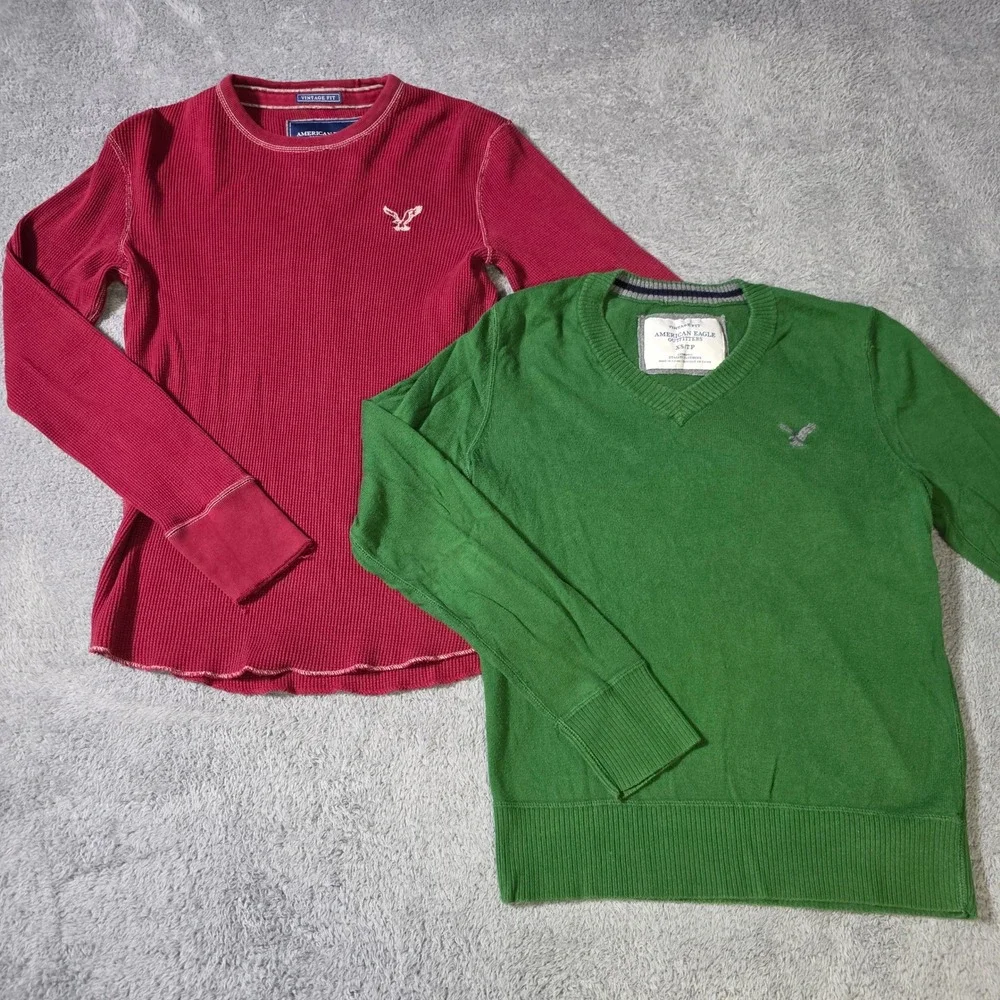 American Eagle Mens XS Long Sleeve Sweater Thermal Lot Green Red Vintage Ft Logo